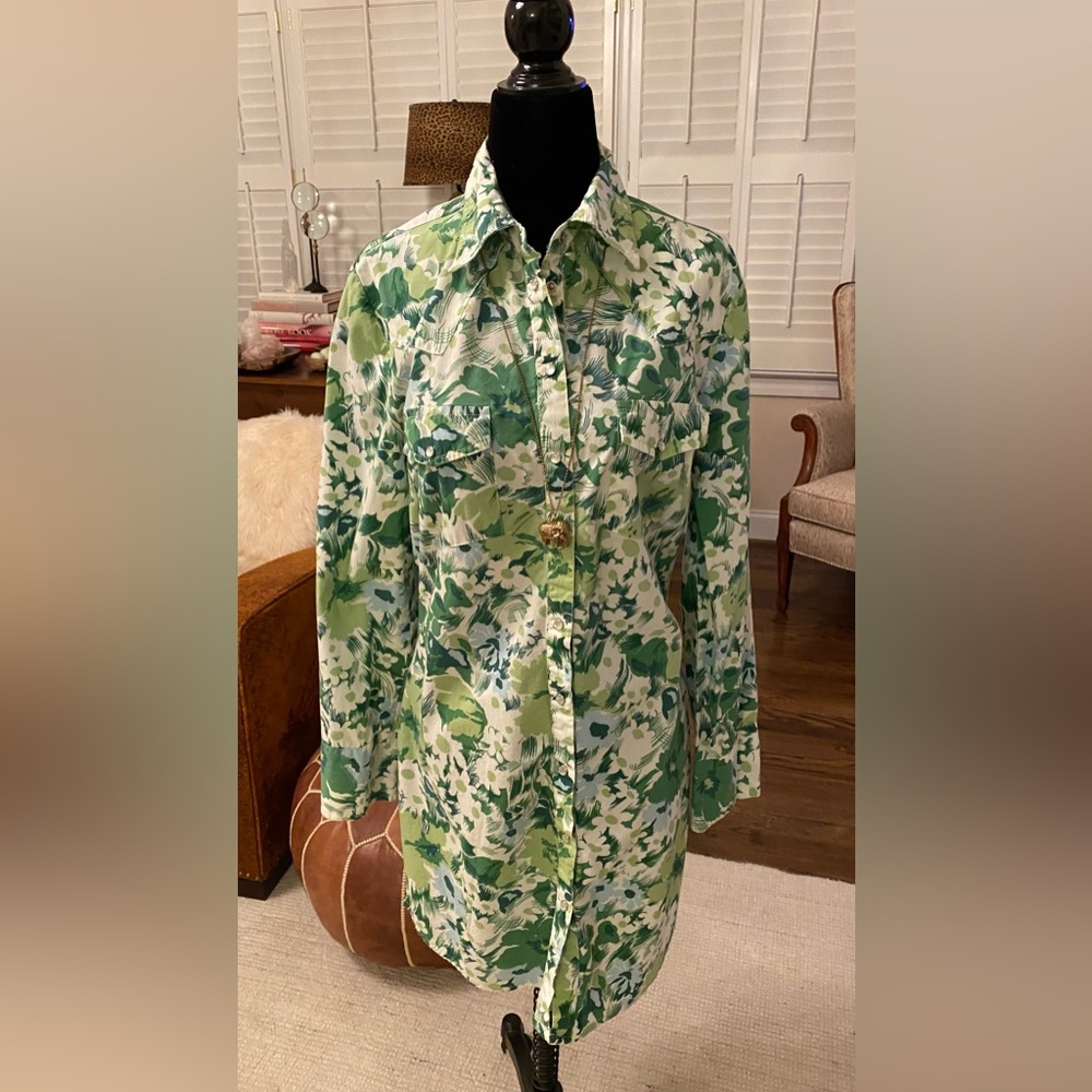 Vintage Floral Green -White Snap Button-Up Shirt